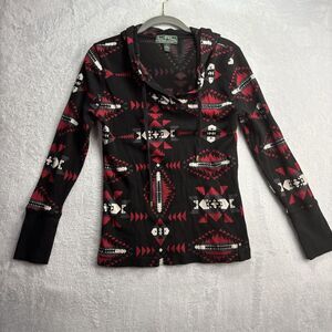 L-RL Lauren Ralph Lauren Shirt Women Large Black Red Stretchy Hooded Thermal